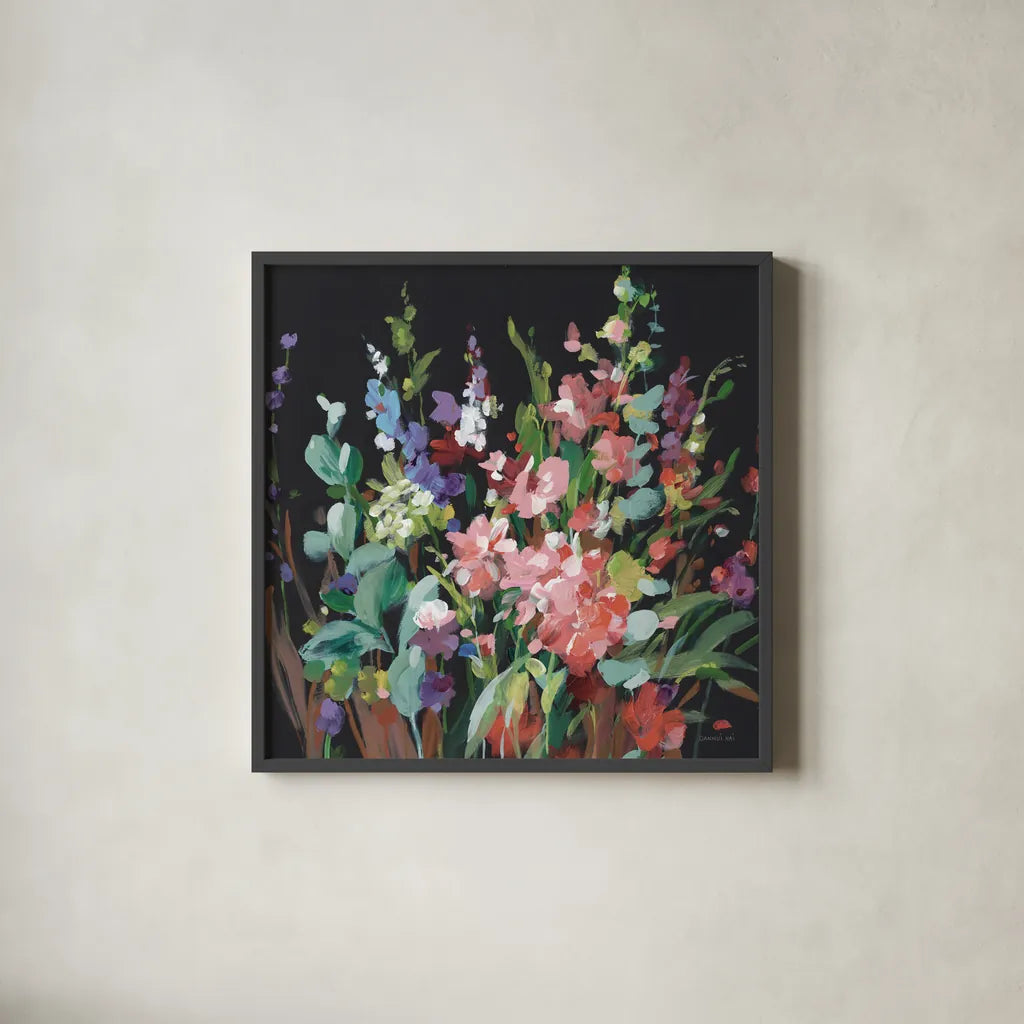 Brightness Flowering Muted by Danhui Nai. Shown in a sleek black glass frame for a contemporary gallery look. Available as an archival giclee rolled canvas, fine art paper, or poster print. SKU 81297a.