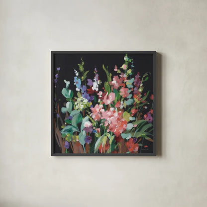 Brightness Flowering Muted by Danhui Nai. Shown in a sleek black glass frame for a contemporary gallery look. Available as an archival giclee rolled canvas, fine art paper, or poster print. SKU 81297a.