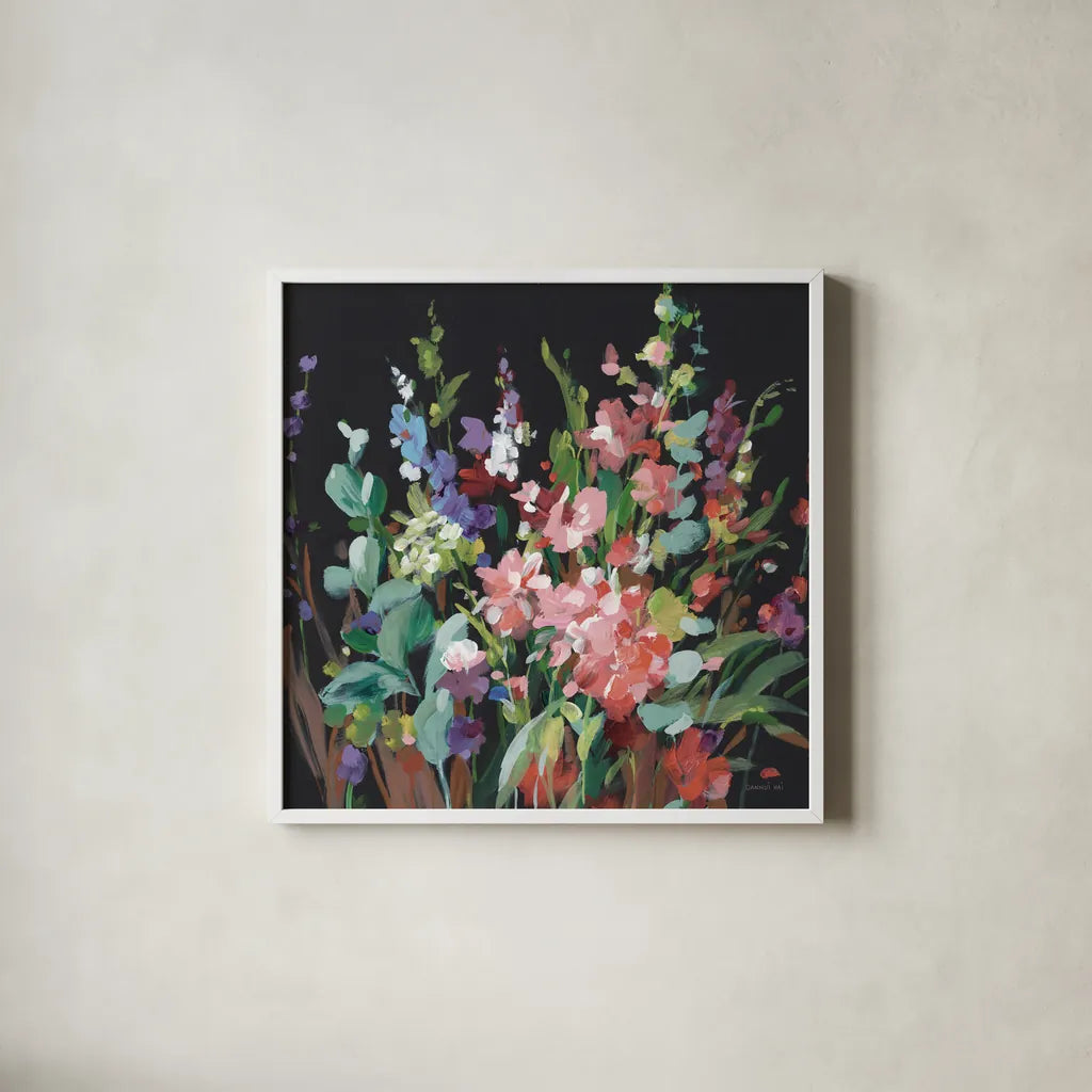 Brightness Flowering Muted by Danhui Nai. Shown in a crisp white glass frame for a clean and minimalist style. Available as an archival giclee rolled canvas, fine art paper, or poster print. SKU 81297a.