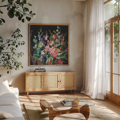 Brightness Flowering Muted by Danhui Nai. Shown in a natural wood frame in a cozy modern living room. Available as an archival giclee rolled canvas, fine art paper, or poster print. SKU 81297a.