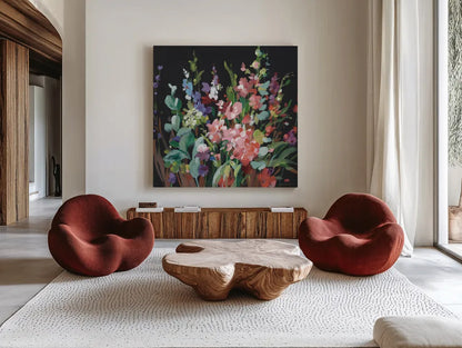 Brightness Flowering Muted by Danhui Nai. Shown as extra-large giant wall art in a modern living room. Available as an archival giclee rolled canvas, fine art paper, or poster print. SKU 81297a.