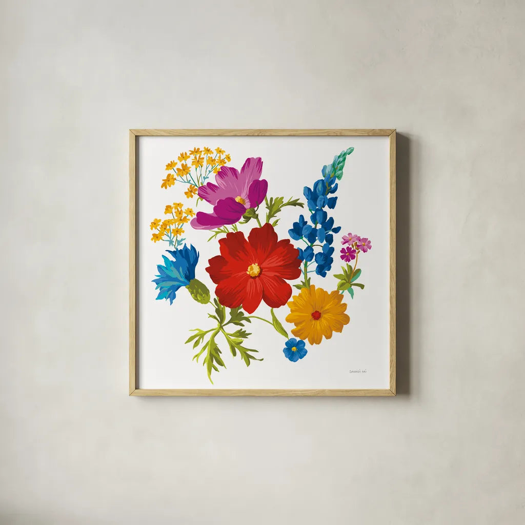 Brilliant Blooms I by Danhui Nai. Shown in a natural wood glass frame for a timeless modern aesthetic. Available as an archival giclee rolled canvas, fine art paper, or poster print. SKU 90705a.