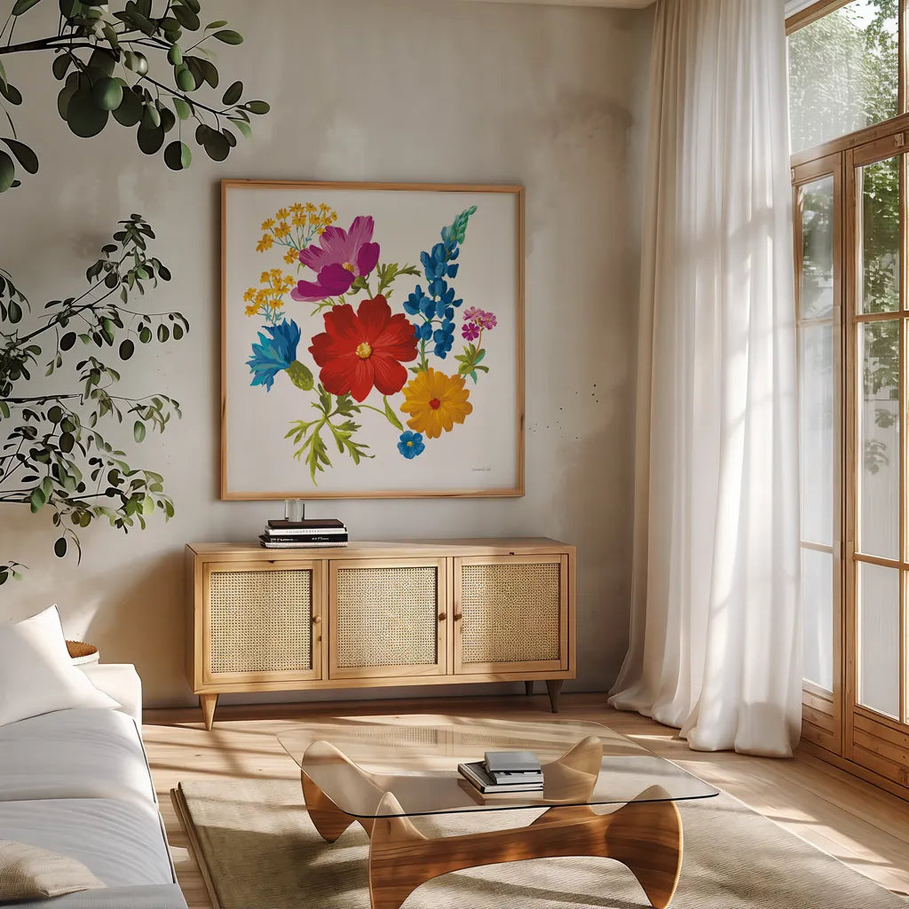 Brilliant Blooms I by Danhui Nai. Shown in a natural wood frame in a cozy modern living room. Available as an archival giclee rolled canvas, fine art paper, or poster print. SKU 90705a.