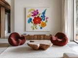 Brilliant Blooms I by Danhui Nai. Shown as extra-large giant wall art in a modern living room. Available as an archival giclee rolled canvas, fine art paper, or poster print. SKU 90705a.