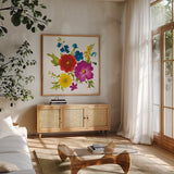 Brilliant Blooms II by Danhui Nai. Shown in a natural wood frame in a cozy modern living room. Available as an archival giclee rolled canvas, fine art paper, or poster print. SKU 90706a.