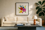Brilliant Blooms II by Danhui Nai. Displayed in a glass frame with matte in a clean modern living room. Available as an archival giclee rolled canvas, fine art paper, or poster print. SKU 90706a.
