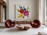 Brilliant Blooms II by Danhui Nai. Shown as extra-large giant wall art in a modern living room. Available as an archival giclee rolled canvas, fine art paper, or poster print. SKU 90706a.