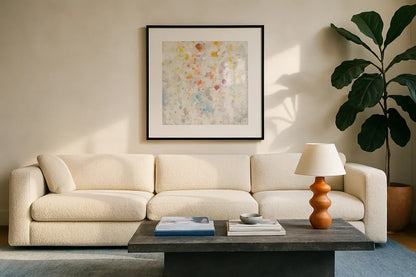 Bubbling Up by Danhui Nai. Displayed in a glass frame with matte in a clean modern living room. Available as an archival giclee rolled canvas, fine art paper, or poster print. SKU 75714a.