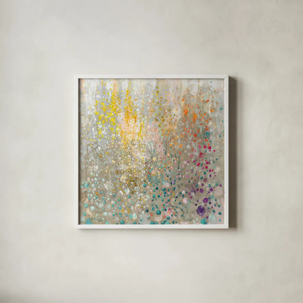 Bubbling Up Again by Danhui Nai. Shown in a crisp white glass frame for a clean and minimalist style. Available as an archival giclee rolled canvas, fine art paper, or poster print. SKU 75853a.