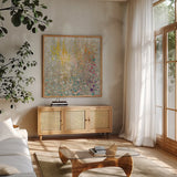 Bubbling Up Again by Danhui Nai. Shown in a natural wood frame in a cozy modern living room. Available as an archival giclee rolled canvas, fine art paper, or poster print. SKU 75853a.