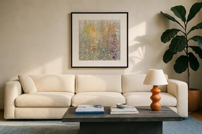 Bubbling Up Again by Danhui Nai. Displayed in a glass frame with matte in a clean modern living room. Available as an archival giclee rolled canvas, fine art paper, or poster print. SKU 75853a.