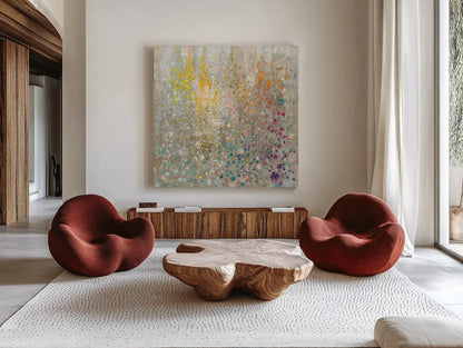 Bubbling Up Again by Danhui Nai. Shown as extra-large giant wall art in a modern living room. Available as an archival giclee rolled canvas, fine art paper, or poster print. SKU 75853a.