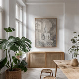 Buddha Neutral by Danhui Nai. shown as a print in a natural wood frame in a dining room. Available as a archival giclee rolled canvas, fine art paper, or poster print. SKU 27193h.
