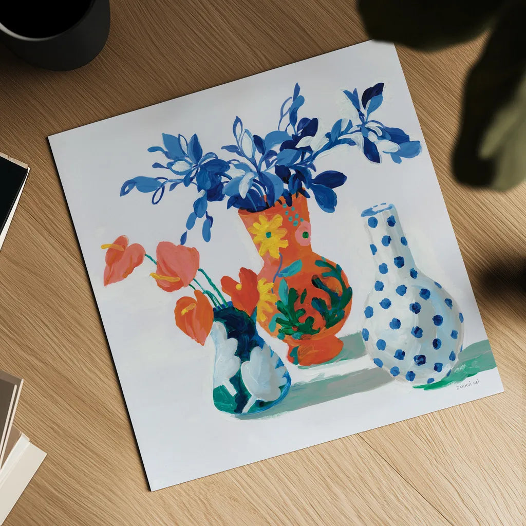 Bungalow Vases by Danhui Nai. Shown as a detailed flat fine art print, highlighting archival giclee quality. Available as an archival giclee rolled canvas, fine art paper, or poster print. SKU 79281a.