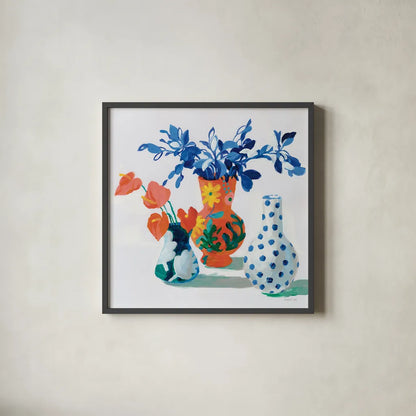 Bungalow Vases by Danhui Nai. Shown in a sleek black glass frame for a contemporary gallery look. Available as an archival giclee rolled canvas, fine art paper, or poster print. SKU 79281a.
