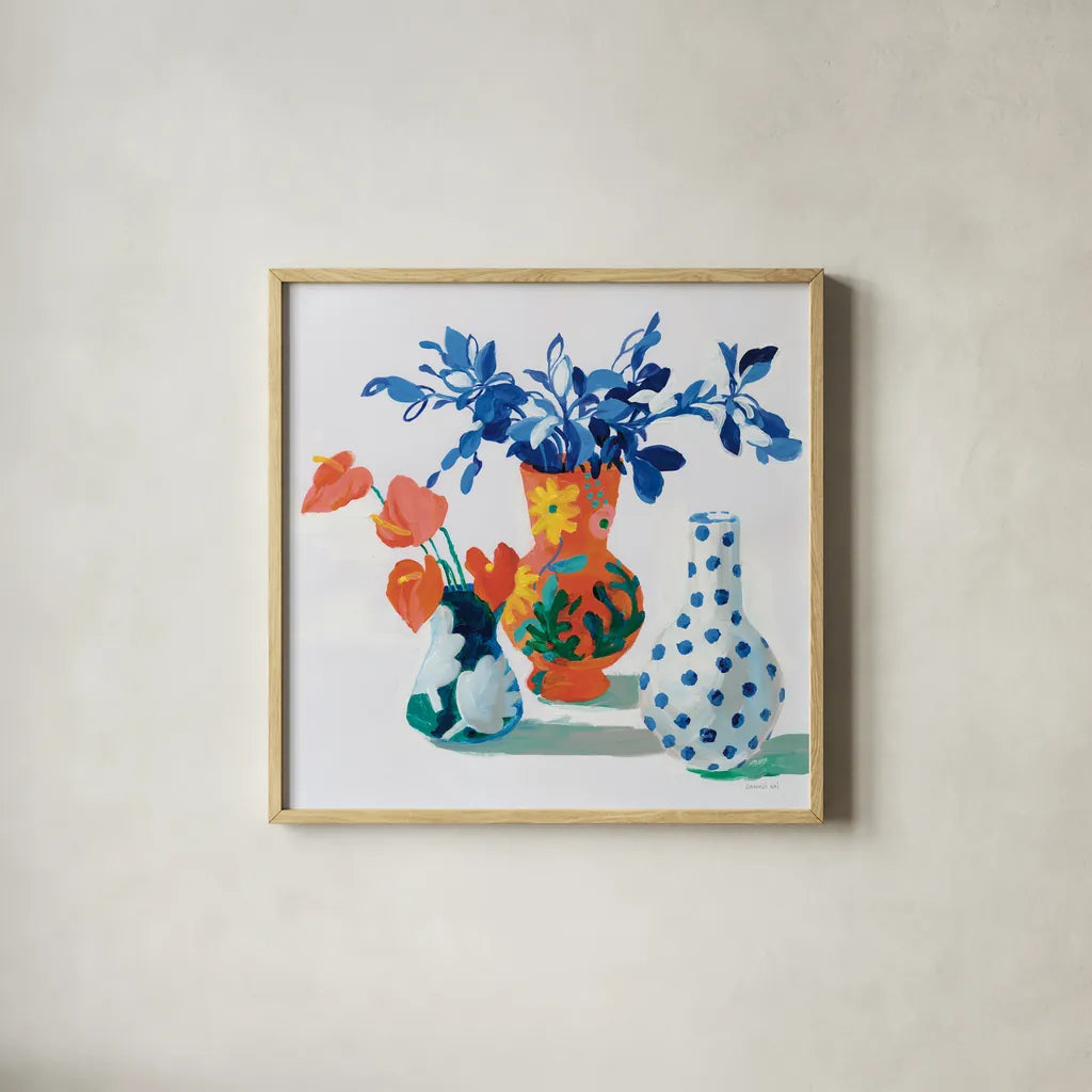 Bungalow Vases by Danhui Nai. Shown in a natural wood glass frame for a timeless modern aesthetic. Available as an archival giclee rolled canvas, fine art paper, or poster print. SKU 79281a.