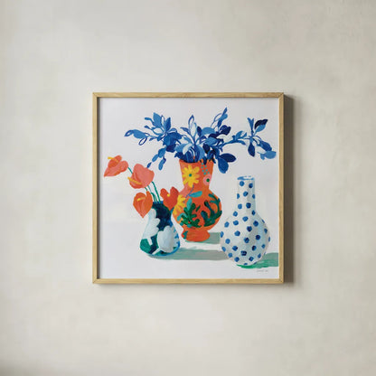 Bungalow Vases by Danhui Nai. Shown in a natural wood glass frame for a timeless modern aesthetic. Available as an archival giclee rolled canvas, fine art paper, or poster print. SKU 79281a.