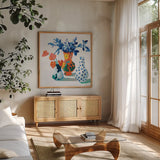 Bungalow Vases by Danhui Nai. Shown in a natural wood frame in a cozy modern living room. Available as an archival giclee rolled canvas, fine art paper, or poster print. SKU 79281a.