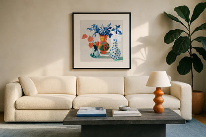 Bungalow Vases by Danhui Nai. Displayed in a glass frame with matte in a clean modern living room. Available as an archival giclee rolled canvas, fine art paper, or poster print. SKU 79281a.