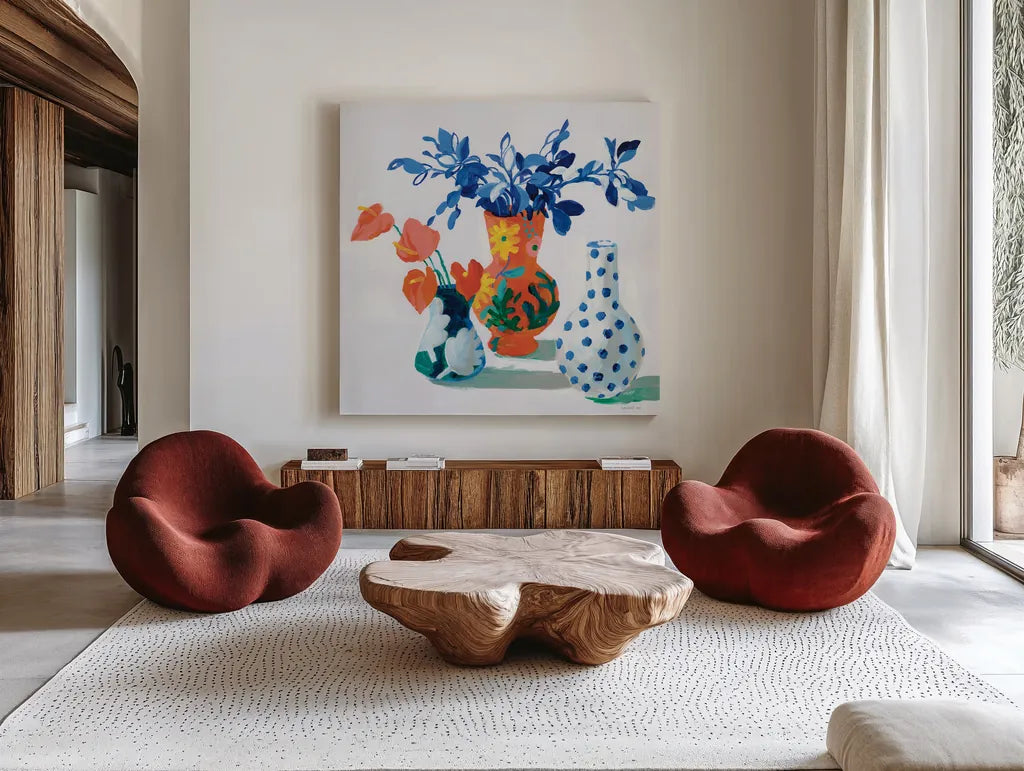 Bungalow Vases by Danhui Nai. Shown as extra-large giant wall art in a modern living room. Available as an archival giclee rolled canvas, fine art paper, or poster print. SKU 79281a.