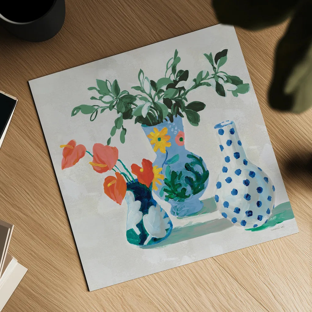 Bungalow Vases Green by Danhui Nai. Shown as a detailed flat fine art print, highlighting archival giclee quality. Available as an archival giclee rolled canvas, fine art paper, or poster print. SKU 83755a.