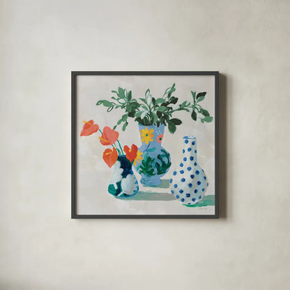 Bungalow Vases Green by Danhui Nai. Shown in a sleek black glass frame for a contemporary gallery look. Available as an archival giclee rolled canvas, fine art paper, or poster print. SKU 83755a.