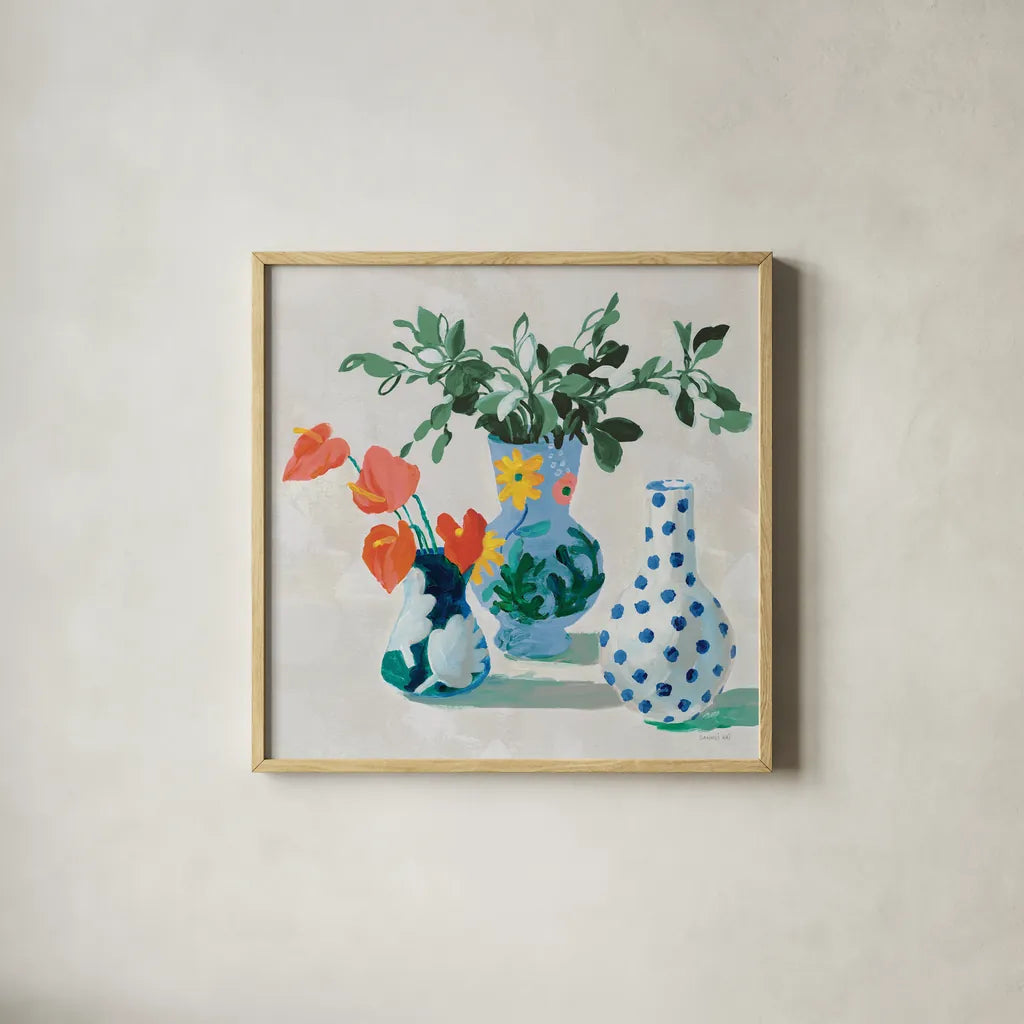 Bungalow Vases Green by Danhui Nai. Shown in a natural wood glass frame for a timeless modern aesthetic. Available as an archival giclee rolled canvas, fine art paper, or poster print. SKU 83755a.