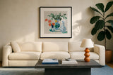 Bungalow Vases Green by Danhui Nai. Displayed in a glass frame with matte in a clean modern living room. Available as an archival giclee rolled canvas, fine art paper, or poster print. SKU 83755a.