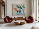 Bungalow Vases Green by Danhui Nai. Shown as extra-large giant wall art in a modern living room. Available as an archival giclee rolled canvas, fine art paper, or poster print. SKU 83755a.
