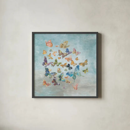 Butterflies v2 Square by Danhui Nai. Shown in a sleek black glass frame for a contemporary gallery look. Available as an archival giclee rolled canvas, fine art paper, or poster print. SKU 43724a.
