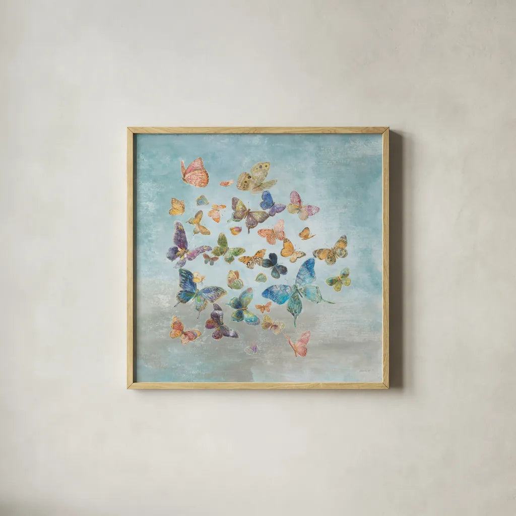 Butterflies v2 Square by Danhui Nai. Shown in a natural wood glass frame for a timeless modern aesthetic. Available as an archival giclee rolled canvas, fine art paper, or poster print. SKU 43724a.