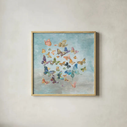 Butterflies v2 Square by Danhui Nai. Shown in a natural wood glass frame for a timeless modern aesthetic. Available as an archival giclee rolled canvas, fine art paper, or poster print. SKU 43724a.