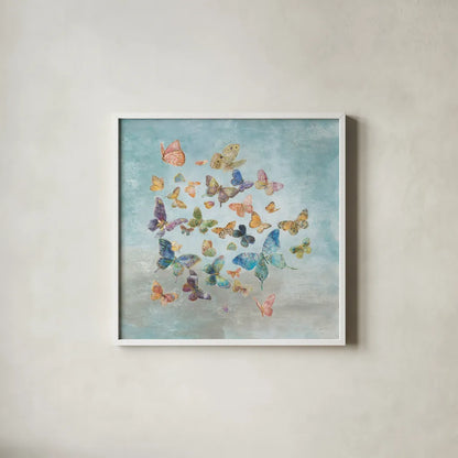Butterflies v2 Square by Danhui Nai. Shown in a crisp white glass frame for a clean and minimalist style. Available as an archival giclee rolled canvas, fine art paper, or poster print. SKU 43724a.