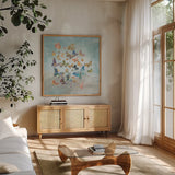 Butterflies v2 Square by Danhui Nai. Shown in a natural wood frame in a cozy modern living room. Available as an archival giclee rolled canvas, fine art paper, or poster print. SKU 43724a.