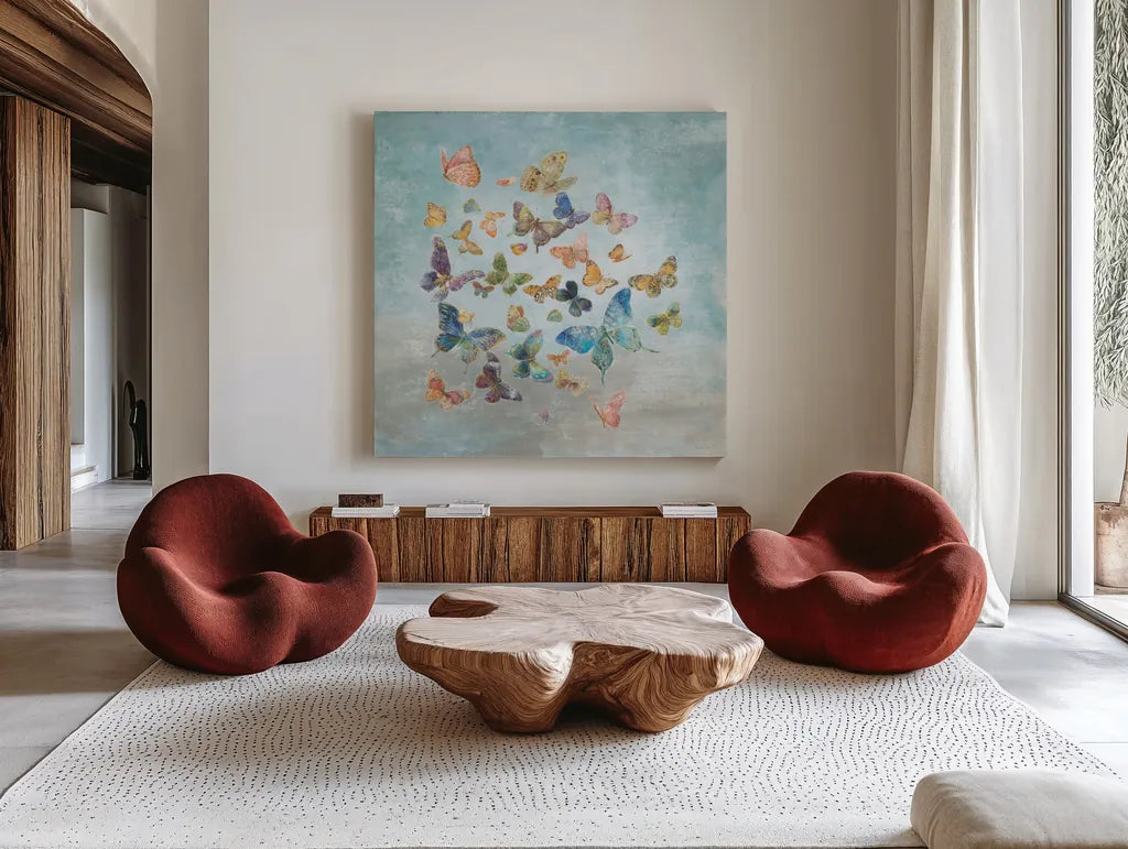 Butterflies v2 Square by Danhui Nai. Shown as extra-large giant wall art in a modern living room. Available as an archival giclee rolled canvas, fine art paper, or poster print. SKU 43724a.