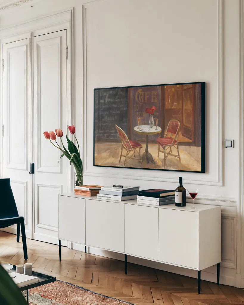 Cafe a Deux by Danhui Nai. shown as a framed stretched canvas in a living room above a console. Available as a archival giclee rolled canvas, fine art paper, or poster print. SKU 12348i.