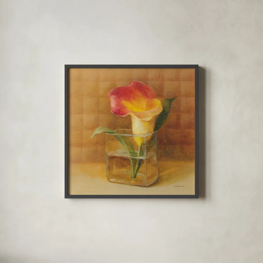 Calla Lily in Glass by Danhui Nai. Shown in a sleek black glass frame for a contemporary gallery look. Available as an archival giclee rolled canvas, fine art paper, or poster print. SKU 5321a.