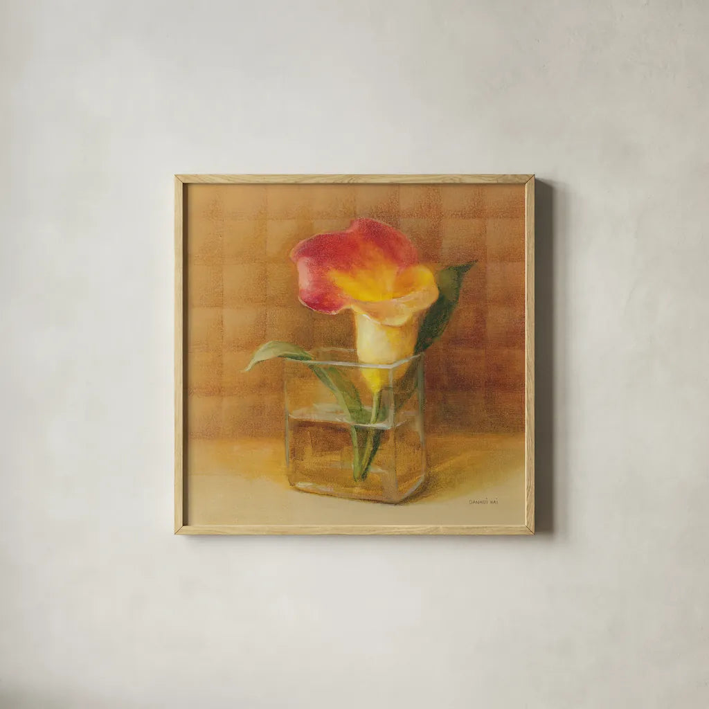 Calla Lily in Glass by Danhui Nai. Shown in a natural wood glass frame for a timeless modern aesthetic. Available as an archival giclee rolled canvas, fine art paper, or poster print. SKU 5321a.