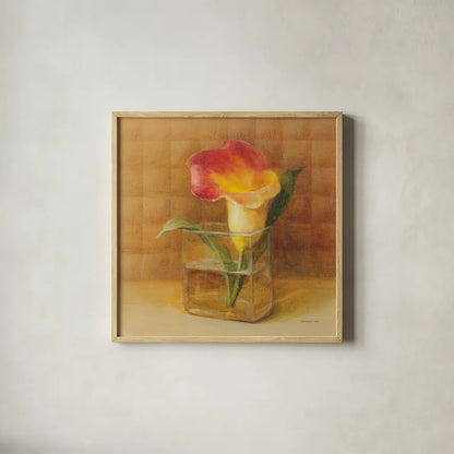 Calla Lily in Glass by Danhui Nai. Shown in a natural wood glass frame for a timeless modern aesthetic. Available as an archival giclee rolled canvas, fine art paper, or poster print. SKU 5321a.