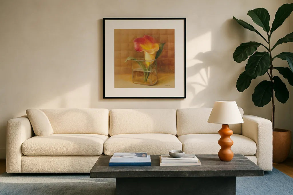 Calla Lily in Glass by Danhui Nai. Displayed in a glass frame with matte in a clean modern living room. Available as an archival giclee rolled canvas, fine art paper, or poster print. SKU 5321a.