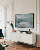 Calm Waters by Danhui Nai. shown as a framed stretched canvas in a living room above a console. Available as a archival giclee rolled canvas, fine art paper, or poster print. SKU 73184i.