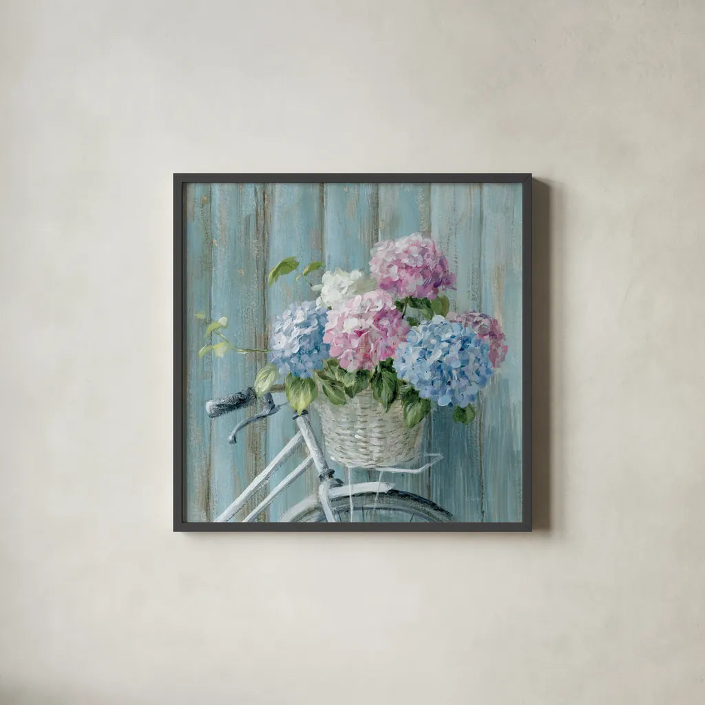 Cape Cod Bicycle by Danhui Nai. Shown in a sleek black glass frame for a contemporary gallery look. Available as an archival giclee rolled canvas, fine art paper, or poster print. SKU 92744a.