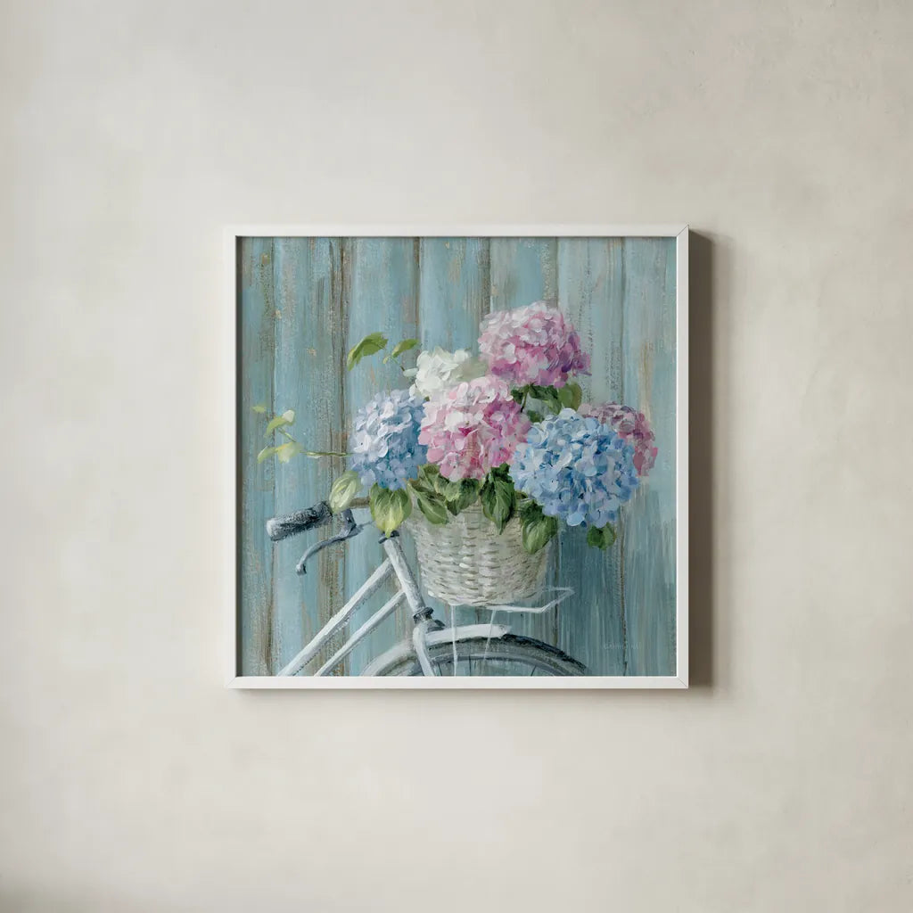 Cape Cod Bicycle by Danhui Nai. Shown in a crisp white glass frame for a clean and minimalist style. Available as an archival giclee rolled canvas, fine art paper, or poster print. SKU 92744a.