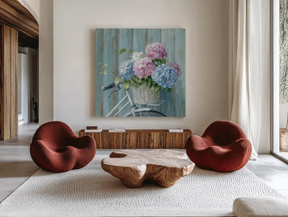Cape Cod Bicycle by Danhui Nai. Shown as extra-large giant wall art in a modern living room. Available as an archival giclee rolled canvas, fine art paper, or poster print. SKU 92744a.