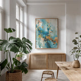 Cascade by Danhui Nai. shown as a print in a natural wood frame in a dining room. Available as a archival giclee rolled canvas, fine art paper, or poster print. SKU 85886h.