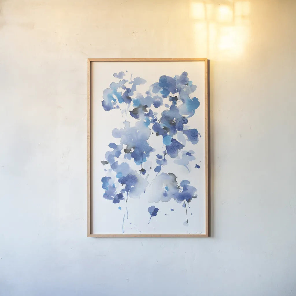 Cascading Petals I by Danhui Nai. shown as a paper print in a natural frame. Available as a archival giclee rolled canvas, fine art paper, or poster print. SKU 68221h.