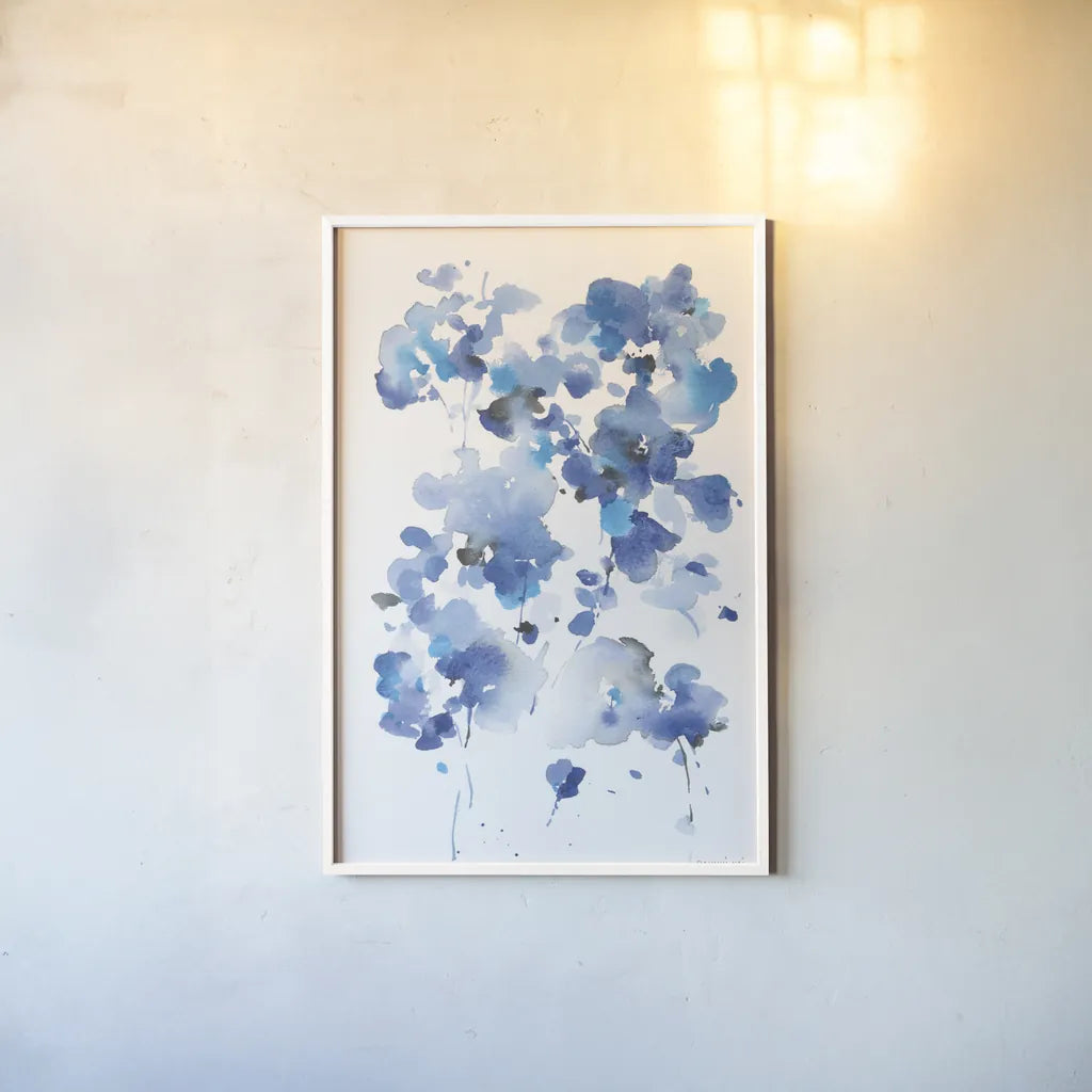 Cascading Petals I by Danhui Nai. shown as a paper print in a white frame. Available as a archival giclee rolled canvas, fine art paper, or poster print. SKU 68221h.
