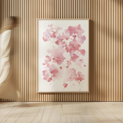 Cascading Petals I Pink by Danhui Nai. shown as over sized large wall art. Available as an archival giclee rolled canvas, fine art paper, or poster print. SKU 74158h.