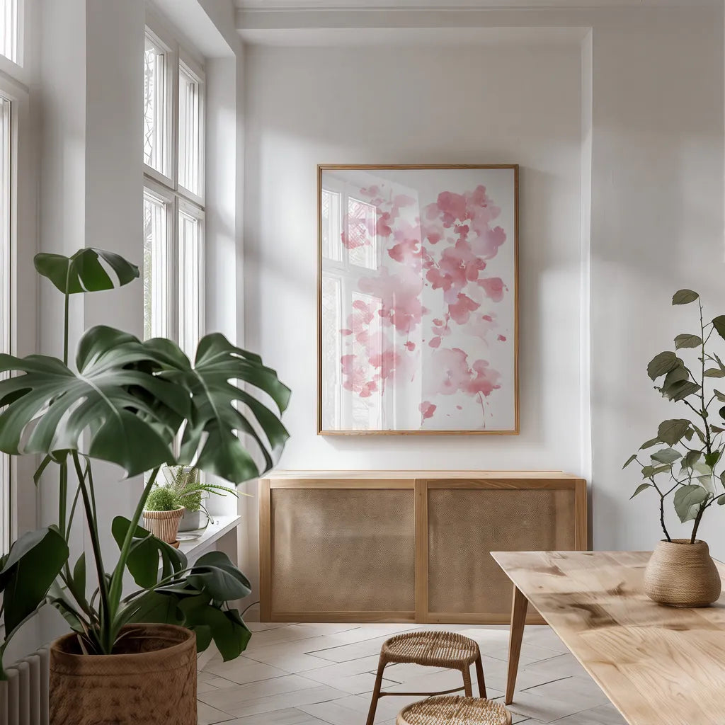 Cascading Petals I Pink by Danhui Nai. shown as a print in a natural wood frame in a dining room. Available as a archival giclee rolled canvas, fine art paper, or poster print. SKU 74158h.