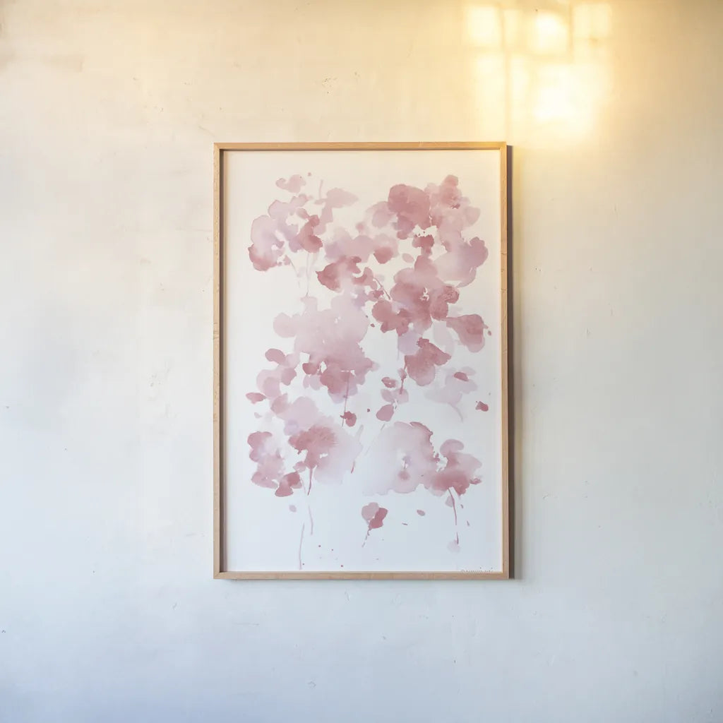 Cascading Petals I Pink by Danhui Nai. shown as a paper print in a natural frame. Available as a archival giclee rolled canvas, fine art paper, or poster print. SKU 74158h.